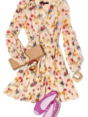 Zara Wmn XS Floral Cream Dress with Multicolor Blooms